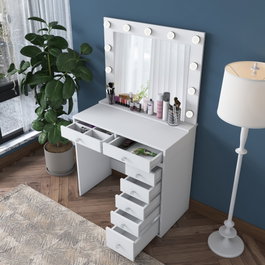 Hanah Home BJ115 - 2781 Mesa de Maquillaje Blanca con 11 Bombillas